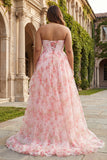 Strapless Plus Size Pink Floral A Line Corset Beaded Prom Dress