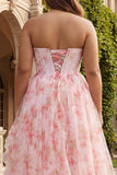 Strapless Plus Size Pink Floral A Line Corset Beaded Prom Dress