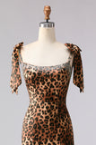 Brown Leopard Mermaid Spaghetti Straps Prom Dress With Slit
