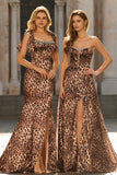 Brown Leopard Mermaid Square Neck Prom Dress with Bow