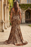 Plus Size Brown Leopard Mermaid Bowed Prom Dress
