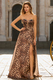 Brown Leopard Strapless A-Line Corset Prom Dress