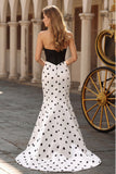 Black White Polka Dot Mermaid Strapless Cut Out Prom Dress