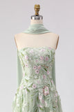 Strapless A-Line Dusty Sage Embroidered Prom Dress With Streamer