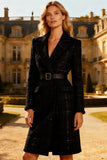 Black Notched Lapel Tweed Long Sleeve Midi Work Dress