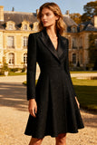 Black Peak Lapel A-Line Midi Work Dress