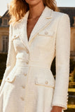 White Tweed A-Line Notched Lapel Midi Work Dress