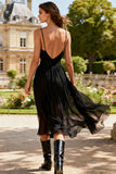 Black A-Line Spaghetti Straps Midi Dress