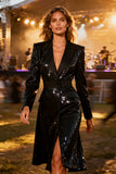 Sparkly Black Peak Lapel Midi Blazer Dress