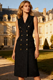 Black Double Breasted Peak Lapel Midi Blazer Dress