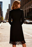 Black Long Sleeve Midi Work Dress With Lace