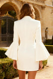 Peak Lapel White Bodycon Work Dress With Flared Sleeves
