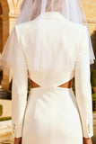 Cut Out White Pencil Peak Lapel Work Dress With Slit