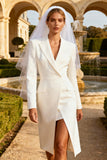 White Peak Lapel Pencil Blazer Dress With Slit