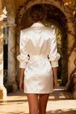 Satin White Bodycon Peak Lapel Work Dress With 3/4 Sleeves