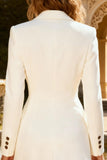 Peak Lapel Double Breasted White Blazer Dress With Ruffles