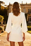 White Double Breasted Peak Lapel Blazer Dress With 3/4 Sleeves
