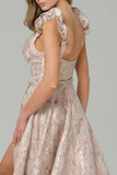 Pink Floral Corset A Line Maxi Prom Dress with Ruffles