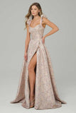 Pink Floral Corset A Line Maxi Prom Dress with Ruffles