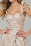 Pink Floral Corset A Line Maxi Prom Dress with Ruffles