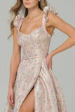 Pink Floral Corset A Line Maxi Prom Dress with Ruffles