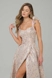 Pink Floral Corset A Line Maxi Prom Dress with Ruffles