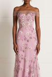 Off The Shoulder Pink Flower Appliqued Mermaid Prom Dress