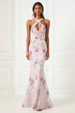 Floral Pink Halter Sequin Mermaid Prom Dress