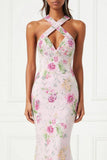 Floral Pink Halter Sequin Mermaid Prom Dress