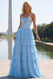Pink Tiered Strapless Corset Sequin Maxi Prom Dress