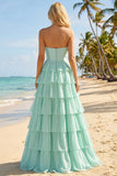 Pink Tiered Strapless Corset Sequin Maxi Prom Dress