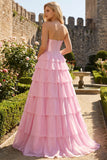 Pink Tiered Strapless Corset Sequin Maxi Prom Dress