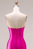 Elegant Fuchsia Satin 3D Flower Strapless Maxi Prom Dress