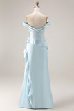 Off the Shoulder A Line Sea Glass Bridesmaid Dress with Ruffles