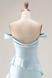 Off the Shoulder A Line Sea Glass Bridesmaid Dress with Ruffles