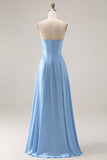 Blue A Line Strapless Satin Bridesmaid Dress