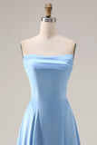 Blue A Line Strapless Satin Bridesmaid Dress