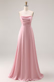 Strapless A Line Ruched Satin Dusty Rose Bridesmaid Dress