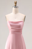 Strapless A Line Ruched Satin Dusty Rose Bridesmaid Dress