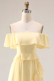 Off the Shoulder Chiffon Lemon Sorbet A Line Bridesmaid Dress