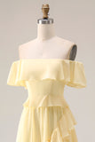 Off the Shoulder Chiffon Lemon Sorbet A Line Bridesmaid Dress