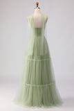 A Line Tulle Dusty Sage Pleated Bridesmaid Dress
