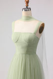 A Line Tulle Dusty Sage Pleated Bridesmaid Dress