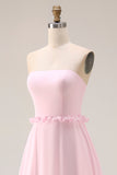 Blushing Pink A Line Strapless Ruffled Bridesmaid Dress
