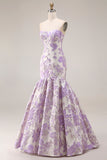 Mermaid Lilac Floral Strapless Brocade Prom Dress