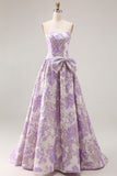 Lilac A Line Floral Strapless Prom Dress with Bow
