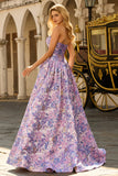 Lilac A Line Floral Strapless Prom Dress with Bow