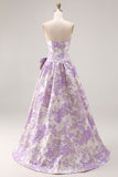Lilac A Line Floral Strapless Prom Dress with Bow