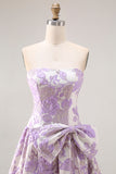 Lilac A Line Floral Strapless Bowed Prom Dress