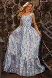 Light Blue Floral Off The Shoulder A-Line Corset Prom Dress